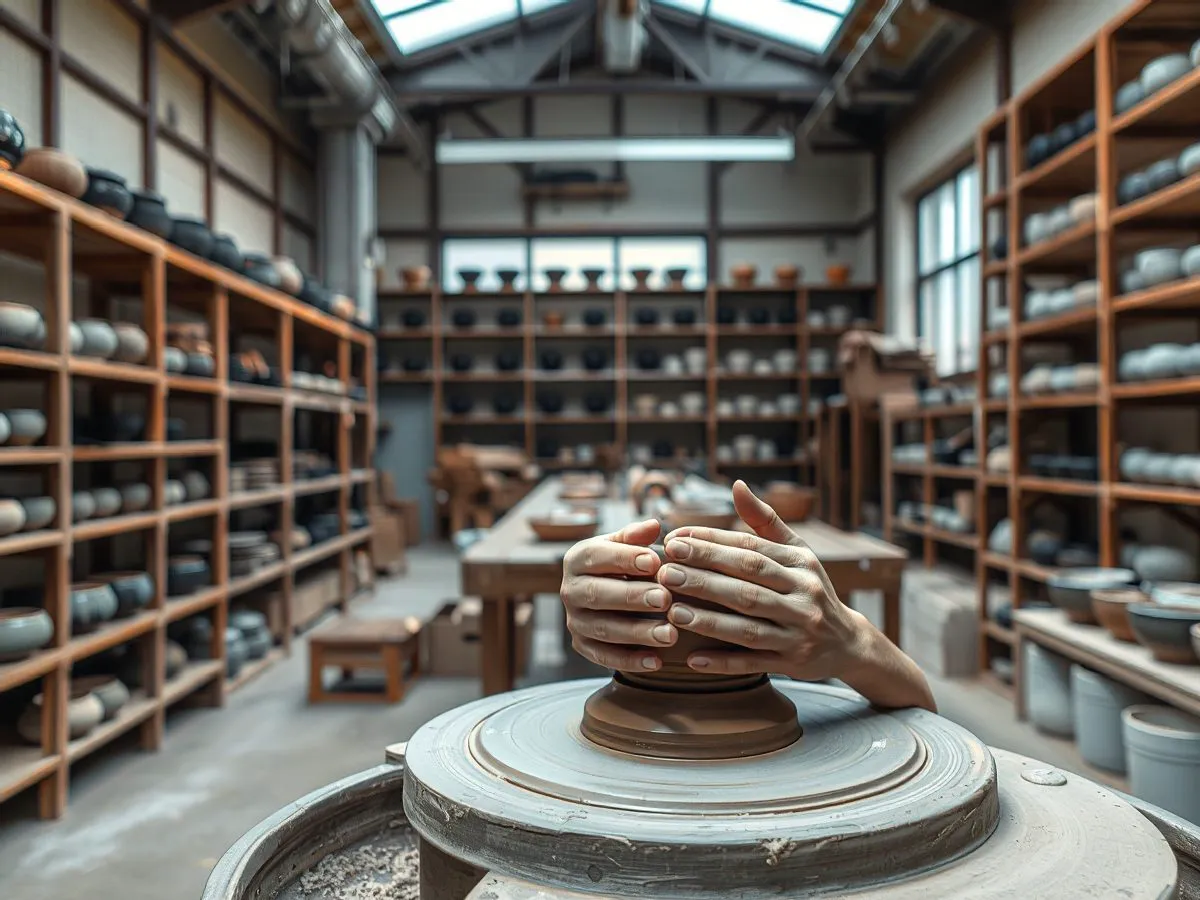 开河窑建盏茶器制作工坊,展示手工拉坯与成品陈列