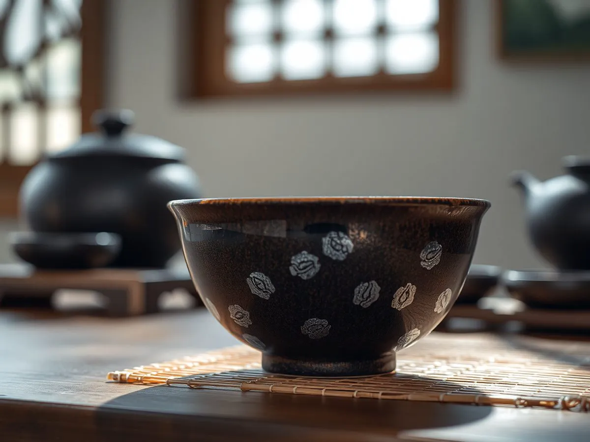 束口油滴建盏特写,釉面油滴斑纹清晰可见
