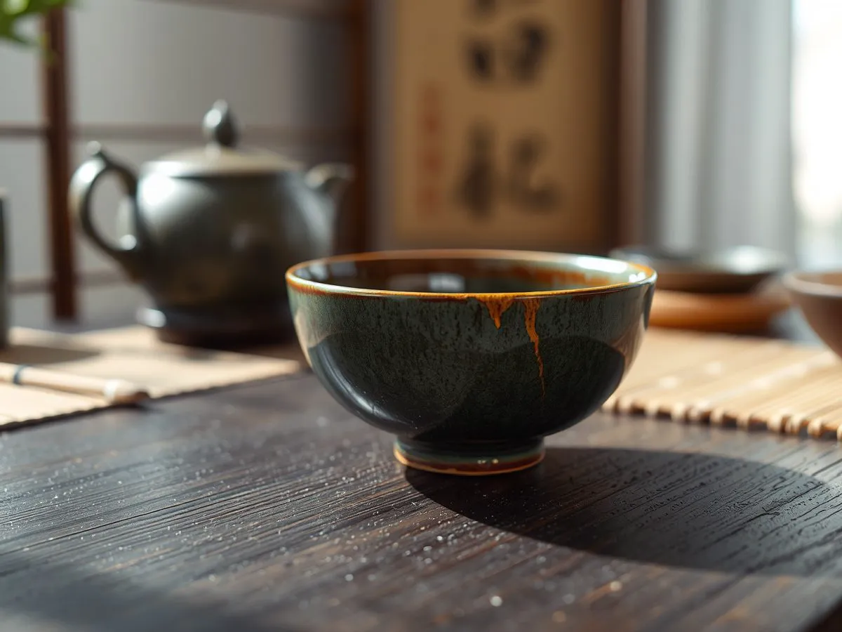 敛口兔毫建盏特写,釉面兔毫纹路清晰,置于木桌上