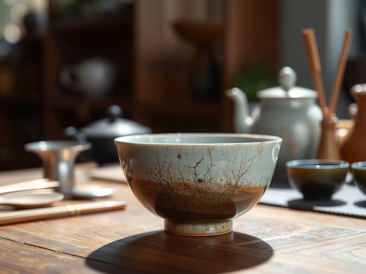 撇口渐变主人杯特写,釉色渐变丰富,置于木纹茶席上
