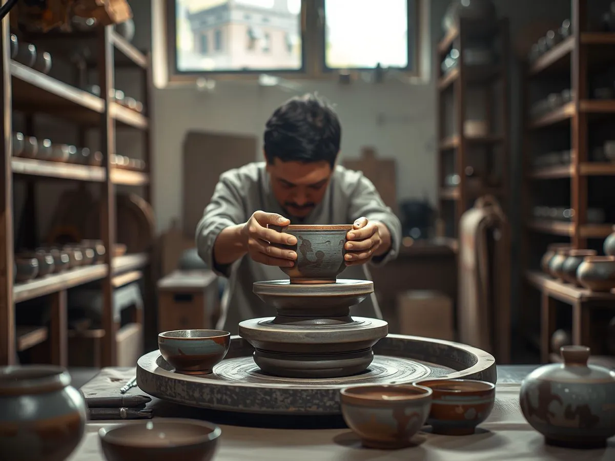开河窑匠人手工制作建盏主人杯,工作室内陈列成品