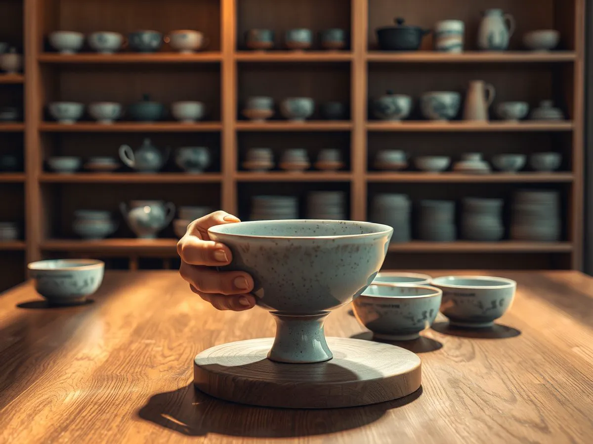 个人品茗选购场景,展示建盏器型与茶汤搭配